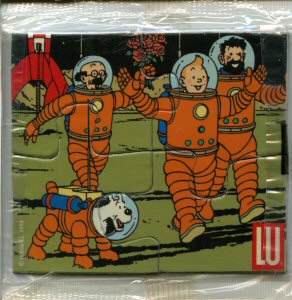 Bande Dessinée - Hergé (Tintinophilie) - Publicité - HERGÉ - Tintin - LU - On a marché sur la Lune - magnet puzzle 4 pièces - 7 x 7 cm