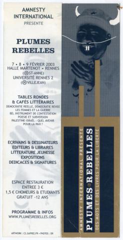 Varia (livres/magazines/divers) - Marque-page (signopaginophilie, signetophilie) -  - Amnesty International présente Plumes rebelles - 7-9 février 2003 - Rennes - Des mots et des livres pour la liberté - marque-page