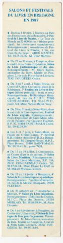 Varia (livres/magazines/divers) - Marque-page (signopaginophilie, signetophilie) -  - Salons et festivals du livre en Bretagne en 1987 - marque-page