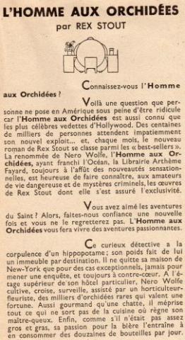 FAYARD Hors collection -  - Rex Stout - L'Homme aux orchidées - Fayard - prospectus