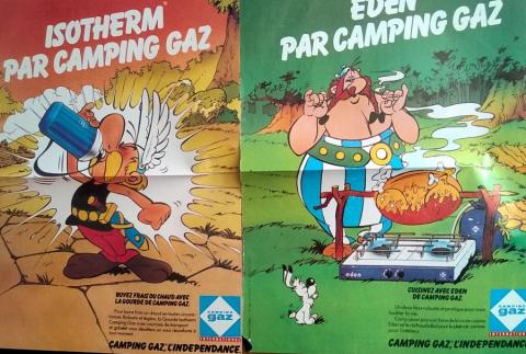 Uderzo (Asterix) - Werbung - Albert UDERZO - Astérix - Camping Gaz - publicité pleine page extraite d'un magazine - Astérix (gourde Isotherm)/Obélix et Idéfix (réchaud Eden) - lot de 2