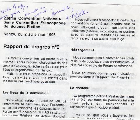 Science Fiction/Fantastiche - verschiedene Dokumente -  - 23ème Convention Nationale - 6ème Convention Francophone de Science-Fiction - Nancy 2-5/05/1996 - Rapport de progrès n° 0