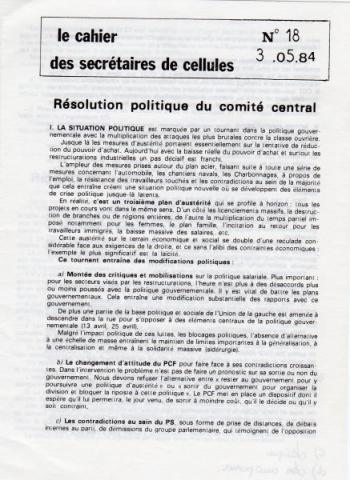 Politik, Gewerkschaften, Gesellschaft, Medien -  - LCR - Le Cahier des secrétaires de cellule n° 18 - 03/05/1984