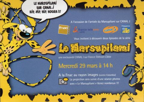 Franquin (Documents et Produits dérivés) - André FRANQUIN - Marsupilami - fnac - Le Marsupilami sur Canal J Hip, hip, hip, houba !!! - prospectus A5 invitation fnac Rennes
