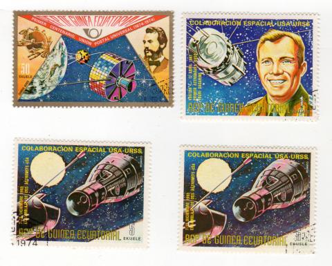 Weltraum, Astronomie, Zukunftsforschung -  - Philatélie - Guinée Équatoriale - 1974 The 100th Anniversary of Universal Postal Union 50 E/1975 Space Travel 1 E/1975 Space Travel 5 E (x2)