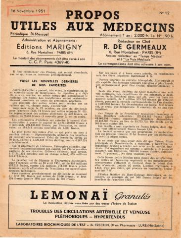 PROPOS UTILES AUX MÉDECINS n° 12 -  - Propos utiles aux médecins n° 12 - 16/11/1951