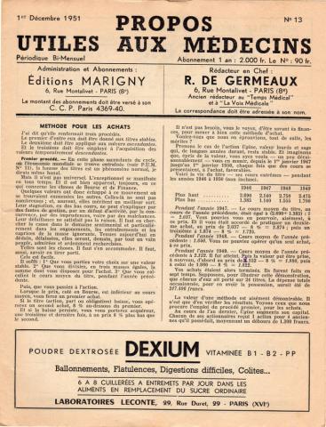 PROPOS UTILES AUX MÉDECINS n° 13 -  - Propos utiles aux médecins n° 13 - 01/12/1951