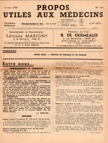 PROPOS UTILES AUX MÉDECINS n° 170 -  - Propos utiles aux médecins n° 170 - 16/06/1958 - Entre nous/Propos de Finance et de Bourse