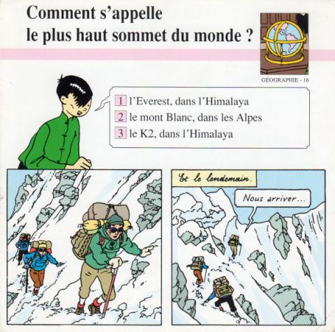 Hergé (Tintinophilie) - En voiture Tintin (Atlas) -  - Atlas - fiches Tintin - Géographie - 16 - Comment s'appelle le plus haut sommet du monde ?