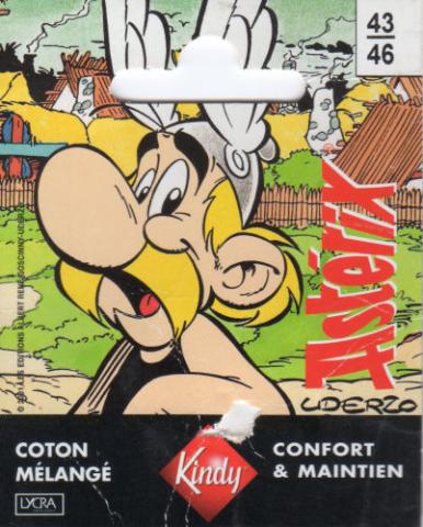 Uderzo (Asterix) - Werbung - Albert UDERZO - Astérix - Kindy 2001 - Chaussettes coton mélangé 43/46 - Astérix devant le village - Étiquette 8 x 10 cm