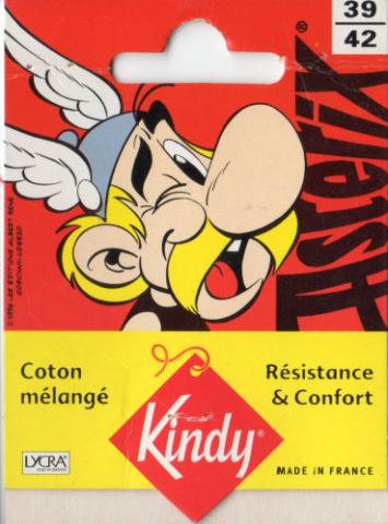 Uderzo (Asterix) - Werbung - Albert UDERZO - Astérix - Kindy 1996 - Chaussettes coton mélangé 39/42 - Astérix clignant de l'œil - Étiquette 8 x 10 cm