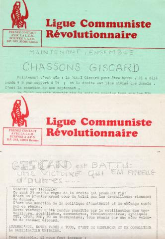 Politik, Gewerkschaften, Gesellschaft, Medien -  - LCR (Ligue Communiste Révolutionnaire) - Rennes, mai 1981 - Maintenant, ensemble : chassons Giscard/Giscard est battu : une victoire qui en appelle d'autres - lot de 2 tracts ronéotés