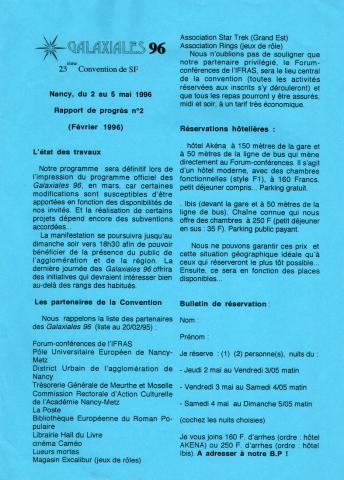 Science Fiction/Fantastiche - Studien -  - Galaxiales 96 - 23ième Convention de SF - Nancy, du 2 au 5 mai 1996 - Rapport de progrès n° 2 (février 1996) - 4 pages