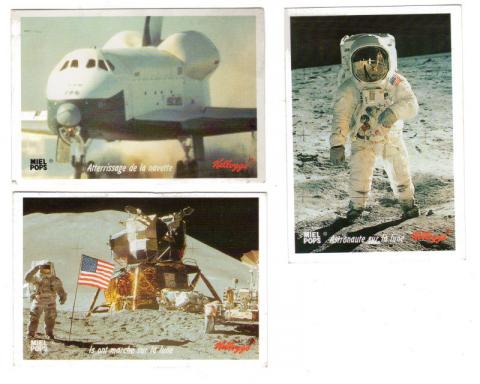 Weltraum, Astronomie, Zukunftsforschung -  - Kellogg's/Miel Pops - 1995 - Collection Espace - Astronaute sur la Lune/Ils ont marché sur la Lune/Atterrissage de la navette - lot de 3 images
