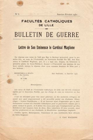 Christentum und Katholizismus -  - Facultés Catholiques de Lille - Bulletin de Guerre n° 3 - janvier-février 1940 - Lettre de Son Éminence le Cardinal Maglione