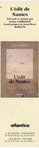 Lesezeichen -  - L'Édit de Nantes présenté et annoté par Janine Garrisson, avant-propos de Jean-Pierre Babelon - Atlantica - marque-page