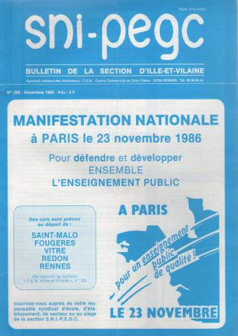 Politik, Gewerkschaften, Gesellschaft, Medien -  - SNI-PEGC - Syndicat National des Instituteurs - Bulletin de la section d'Ille-et-Vilaine n° 266 - novembre 1986