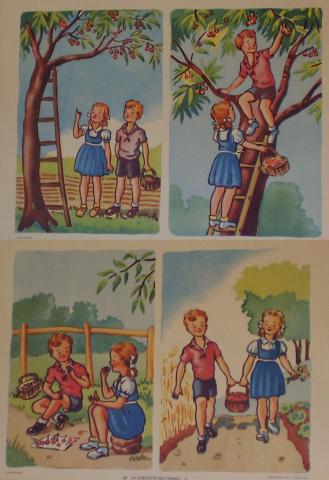 School material -  - Joyeuse enfance Nathan - 27/28 - La cueillette des cerises - I/II - lot de 2 affichettes pédagogiques 56 x 40 cm