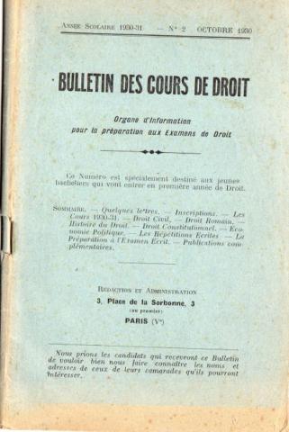 Law and Justice -  - Bulletin des cours de droit - année scolaire 1930-1931 - n° 2 - octobre 1930