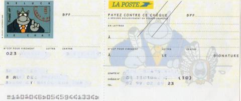 LE CHAT - Philippe GELUCK - Geluck - La Poste - chéquier bande dessinée - chèque illustré d'une vignette et d'un dessin - Le Chat