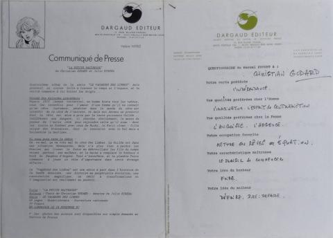 Godard - GODARD - Godard - Dargaud - communiqué de presse officiel pour La Petite maîtresse accompagné d'un questionnaire de Proust
