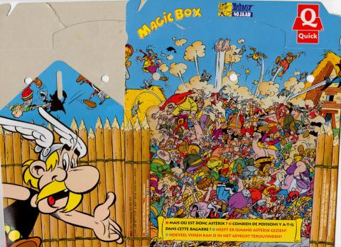 Uderzo (Asterix) - Advertising - Albert UDERZO - Astérix - Quick - Astérix 40 ans/Asterix 40 jaar - Magic Box - Boîte en carton illustrée : Bagarre au village/L'entrée du village
