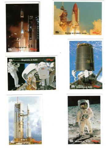 Space, Astronomy, Futurology -  - Kellogg's/Miel Popps - 1995 - Collection Espace - Ariane 4 sur son pas de tir/Astronaute sur la Lune/Décollage de la navette spatiale/Décollage de nuit/Récupération de Hubble (2 images) - lot de 6 images