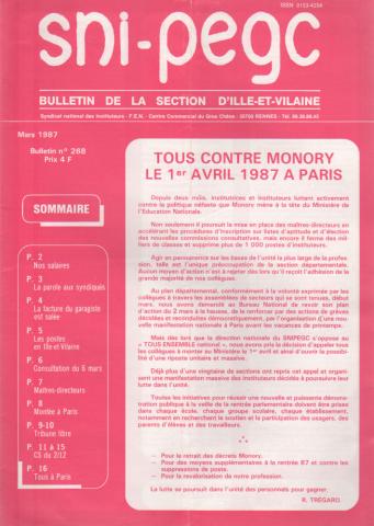 Politics, unions, society, media -  - SNI-PEGC - Syndicat National des Instituteurs - Bulletin de la section d'Ille-et-Vilaine n° 268 mars 1987