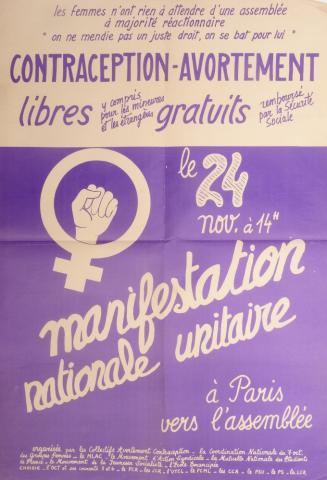 Politics, unions, society, media -  - Contraception-Avortement libres gratuits - Manifestation nationale unitaire - Affiche 58 x 80 cm