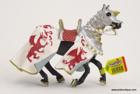 Plastoy figures - Knights N° 62031 - Horse with Red Dragon on Whiite Robe and Silver Armor