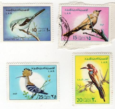 Filatelia -  - Philatélie - Libye - 1976 - Birds - 5 Dh Ixobrichus minutus/10 Dh Lanius meridionalis/15 Dh Turdoides fulva/20 Dh Merops apiaster/25 Dh Upupa epops - série complète