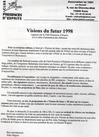 Science-Fiction/Fantastique - SF/Fantastique - documents et dérivés divers - Aline BÉGUIN & COLLECTIF - Club Présences d'Esprits - Visions du futur 1998 - circulaire A4 recto-verso