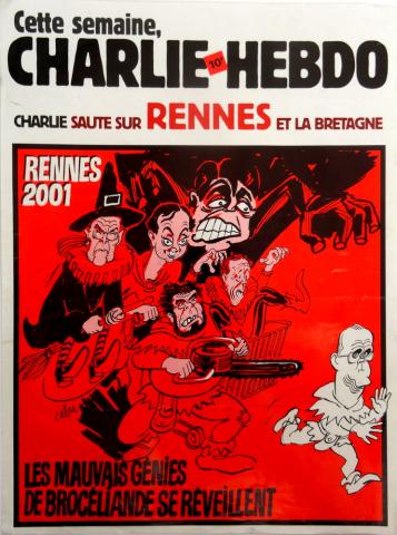 Bande Dessinée - CABU -  - Cabu - Charlie Hebdo - Cette semaine, Charlie saute sur Rennes et la Bretagne - Rennes 2001 : les mauvais génies de Brocéliande se réveillent - Affichette promotionnelle - 39,5 x 30 cm