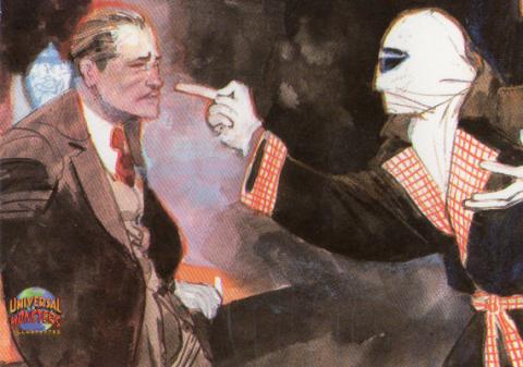 Science-Fiction/Fantastique - Cinéma fantastique -  - Topps - Universal Monsters Illustrated trading cards - #39 The Invisible Man : Jack Griffin, now re-bandaged and in a robe, sits across from Dr. (art by Bill Sienkiewicz)