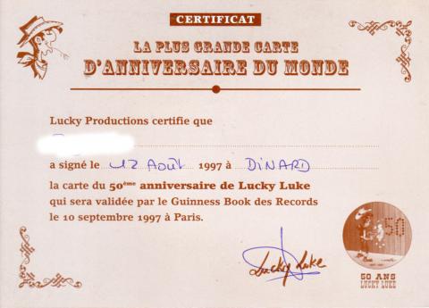 Bande Dessinée - Morris (Lucky Luke) - Documents et objets divers - MORRIS - Lucky Luke - 1947-1997 - 50 ans - La plus grande carte d'anniversaire du monde - Certificat Lucky Productions