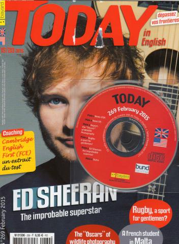 Varia (livres/magazines/divers) - Livres scolaires - Langues -  - Today in English n° 269 - February 2015 - Ed Sheeran The improbable superstar/Rugby, a sport for gentlemen?/The Oscars' of wildlife photography/A French student in Malta