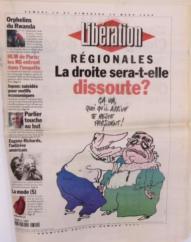 Bande Dessinée - Tignous (Documents et Produits dérivés) -  - Libération n° 5231 - 14-15/03/1998 - Régionales : La droite sera-t-elle dissoute ? - Illustration Tignous