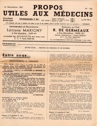 PROPOS UTILES AUX MÉDECINS n° 156 -  - Propos utiles aux médecins n° 156 - 16/11/1957 - Entre nous/Propos de Finance et de Bourse