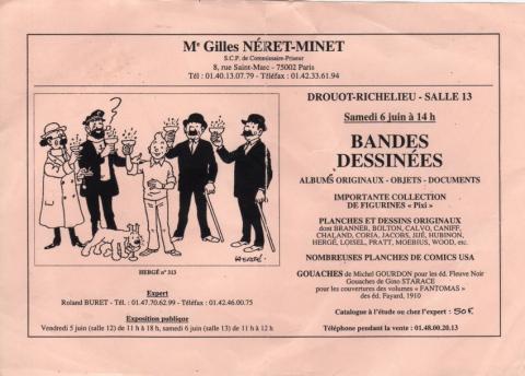 Hergé - Documenti e oggetti vari - HERGÉ - Hergé - Drouot - Me Gilles Néret-Minet - vente du 6 juin 1998 - prospectus illustré d'un dessin avec les personnages sablant le champagne