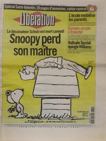 PEANUTS -  - Libération n° 5830 - 14/02/2000 - Snoopy perd son maître : Le dessinateur Schulz est mort samedi/L'école mobilise les parents/Europe : un pas à franchir/Nathalie Tauziat épingle Williams