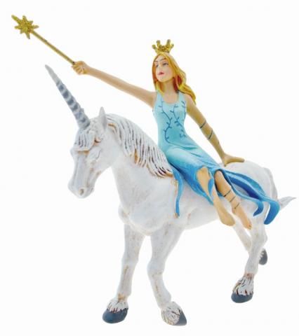 Figurine Plastoy - C'era una volta N° 61374 - Fata blu cavalcando uno unicorno bianco