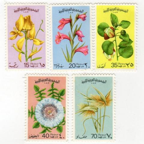 Filatelia -  - Philatélie - Libye - 1976 - Flowers - 15 Dh Spartium junceum/20 Dh Gladiolus illyricus/35 Dh Capparis spinosa/40 Dh Rhaponticum acaule