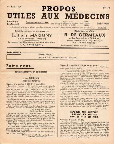 PROPOS UTILES AUX MÉDECINS n° 73 -  - Propos utiles aux médecins n° 73 - 01/06/1954 - Entre nous/Propos de Finance et de Bourse