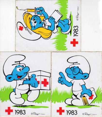 Peyo (Schtroumpfs) - Publicité - PEYO - Schtroumpfs - Croix-Rouge 1983 - stickers - Schtroumpf boîte/Schtroumpfette infirmière/Schtroumpf à lunettes