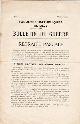 Christendom en Katholicisme -  - Facultés Catholiques de Lille - Bulletin de Guerre n° 5 - avril 1940 - Retraite pascale
