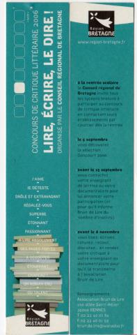 Marcadores -  - Conseil Régional de Bretagne - Concours de critique littéraire 2006 - Lire, écrire, le dire ! - marque-page