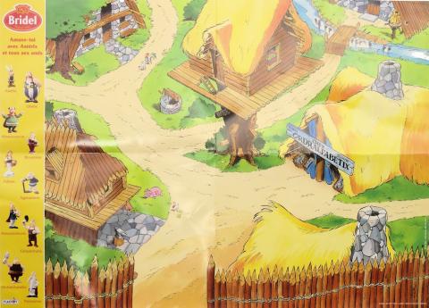 Uderzo (Astérix) - publicité - Albert UDERZO - Astérix - Bridel - 2001 - Amuse-toi avec Astérix et ses amis - Planche représentant le village - 60 x 42 cm